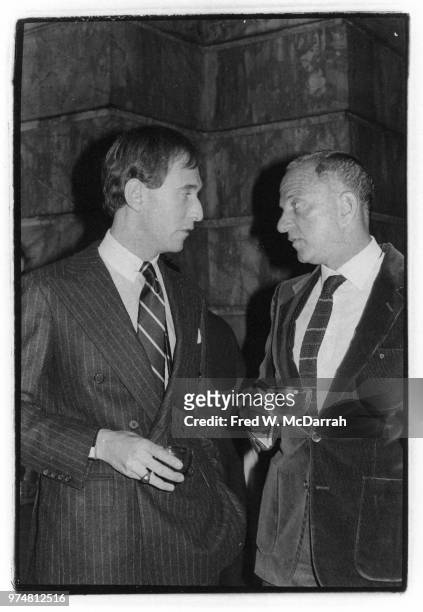 American political consultant Roger Stone and attorney Roy Cohn talk together as they attend Ed Koch's mayoral inauguration party, New York, New...