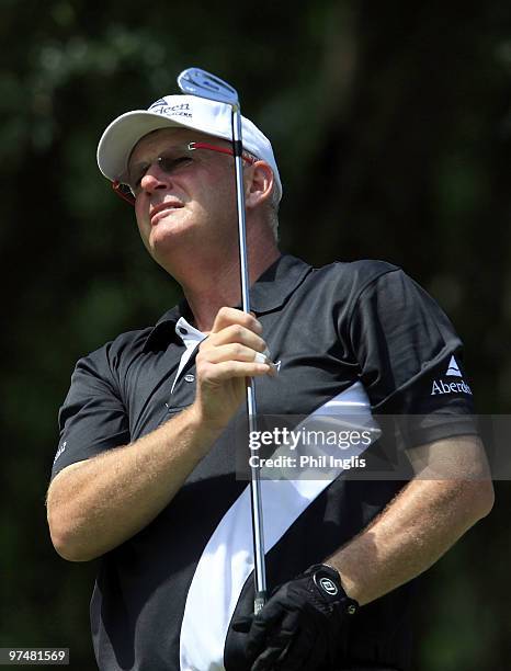 Sandy Lyle of Scotland in action during the second round of the Aberdeen Brunei Senior Masters presented by the Stapleford Forum played at the Empire...