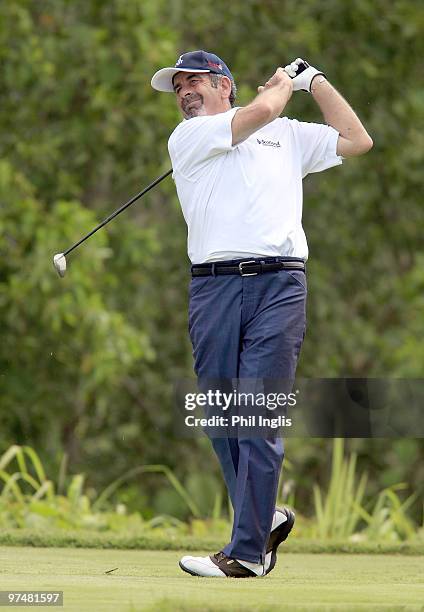 Sam Torrance of Scotland in action during the second round of the Aberdeen Brunei Senior Masters presented by the Stapleford Forum played at the...