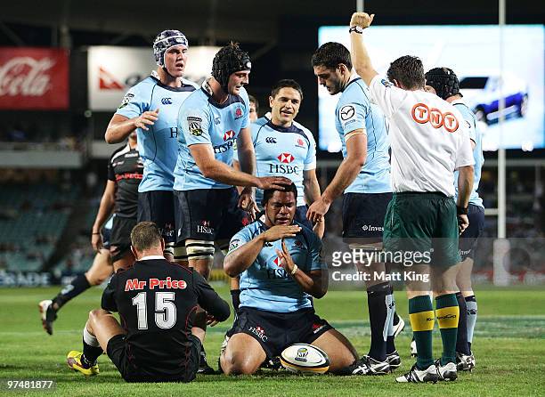 Tatafu Polota-Nau of the Waratahs celebrates after scoring a try during the round four Super 14 match between the Waratahs and the Blues at Sydney...