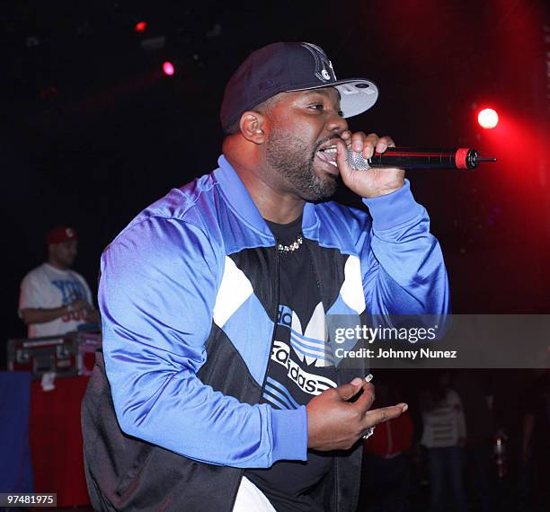 Raekwon performs in HOT 97's Metro PCS 5 Boro Takeover Tour: Wu Massacre at the Nokia Theatre on March 5, 2010 in New York City.