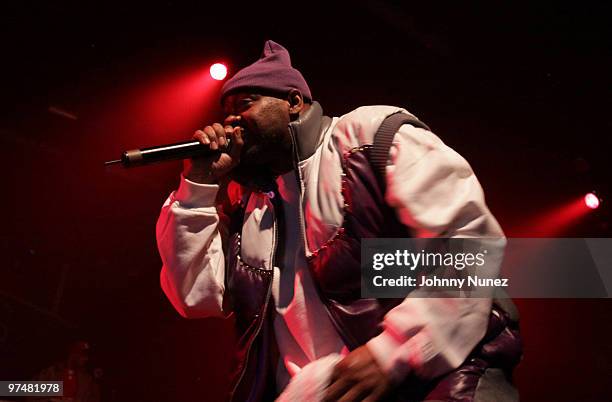 Ghostface Killah performs in HOT 97's Metro PCS 5 Boro Takeover Tour: Wu Massacre at the Nokia Theatre on March 5, 2010 in New York City.