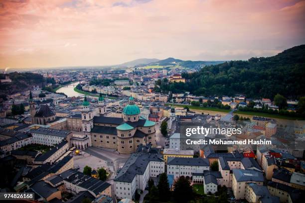 elevated view of city, salzburg, austria - rio salzach imagens e fotografias de stock