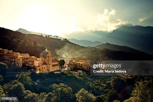 aerial view of town on hillside, corsica, france - corsica 個照片及圖片檔