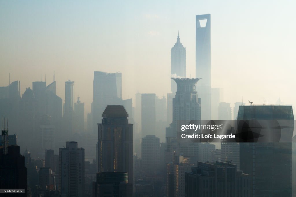 Shanghai Skyline from JW Marriott Tomorrow Square the morning in Winter with World Trade Center and