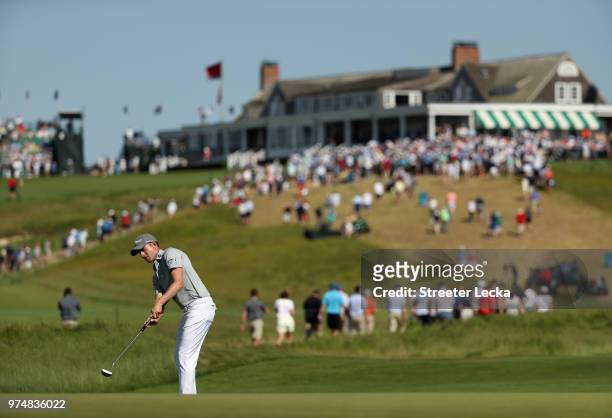 Webb Simpson of the United States putts on the first green during the first round of the 2018 U.S. Open at Shinnecock Hills Golf Club on June 14,...