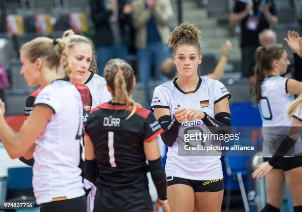 June 2018, Germany, Stuttgart: Volleyball, women's Nations League match between Germany and China at the Porsche Arena: Germany's Kimberly Drewniok...