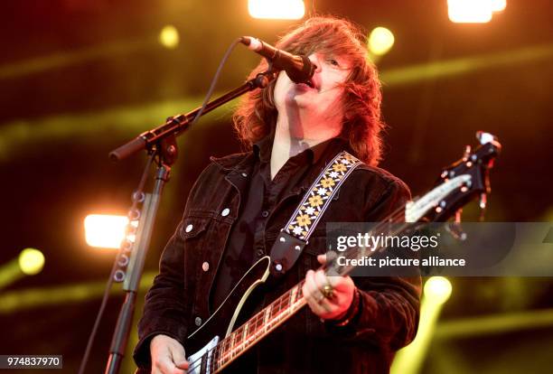 June 2018, Hanover, Germany: Carl-Johan Fogelklou, bassist of the band "Mando Diao" on stage at the trade fair grounds. The Cebit digital fair is...