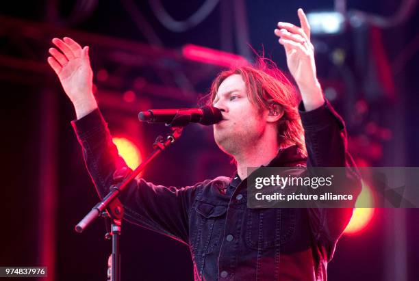 June 2018, Hanover, Germany: Bjoern Dixgard, frontman of the band "Mando Diao" on stage at the trade fair grounds. The Cebit digital fair is...