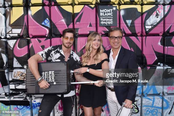 Nicolas Baretzki, Valentina Ferragni and Luca Vezil attend Montblanc cocktail party during the 94th Pitti Immagine Uomo on June 14, 2018 in Florence,...