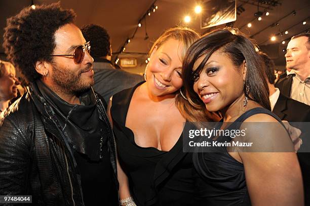 Lenny Kravitz, Mariah Carey and Taraji P. Henson backstage at the 25th Film Independent Spirit Awards held at Nokia Theatre L.A. Live on March 5,...