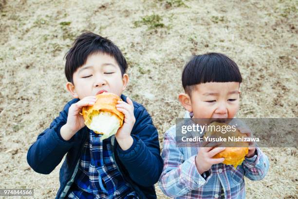 two boys who eat hamburgers - burger portrait photos et images de collection