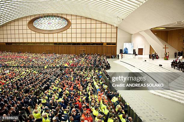 Pope Benedict XVI attends a gathering of Italian Civil protection volunteers in Aula Paolo VI at the Vatican on March 6, 2010. AFP PHOTO / Andreas...