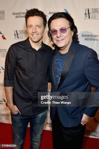 Jason Mraz and Rudy Perez attend the Songwriters Hall of Fame 49th Annual Induction and Awards Dinner at New York Marriott Marquis Hotel on June 14,...