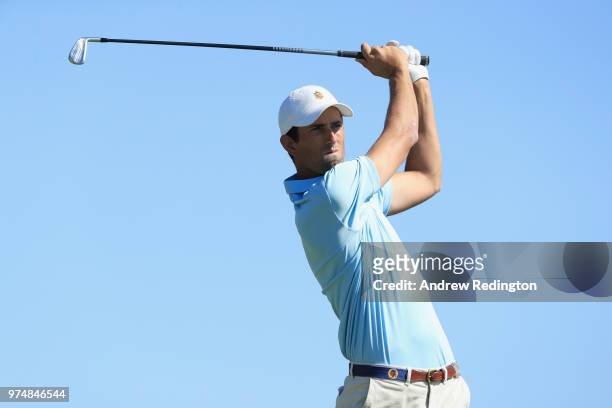 Amateur Stewart Hagestad of the United States plays his shot from the 15th tee during the first round of the 2018 U.S. Open at Shinnecock Hills Golf...