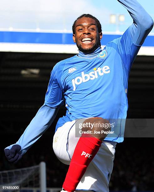 Frederick Piquionne of Portsmouth celebrates scoring opening goal against Birmingham City during the FA Cup sponsored by E.ON 6th Round match between...