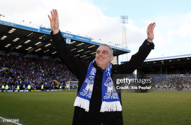 Manager Avram Grant of Portsmouth celebrates win after the FA Cup sponsored by E.ON 6th Round match between Portsmouth and Birmingham City at Fratton...