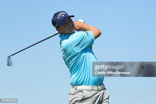 Brian Stuard of the United States plays his shot from the 13th tee during the first round of the 2018 U.S. Open at Shinnecock Hills Golf Club on June...