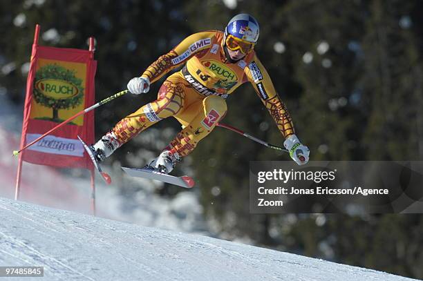 Erik Guay of Canada competes during the Audi FIS Alpine Ski World Cup Men's Downhill on March 6, 2010 in Kvitfjell, Norway.