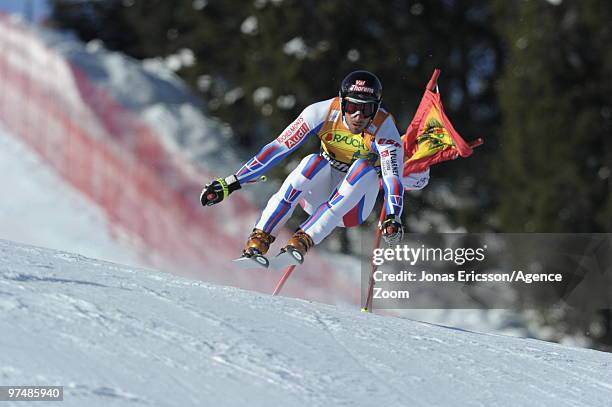 Adrien Theaux of France competes during the Audi FIS Alpine Ski World Cup Men's Downhill on March 6, 2010 in Kvitfjell, Norway.