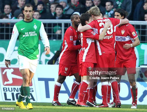 The players of Stuttgart celebrate after Sami Khedira of Stuttgart scored his team's second goal during the Bundesliga match between Werder Bremen...