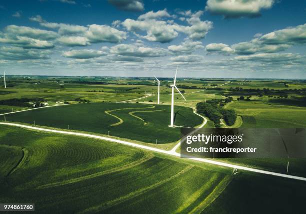 wind turbine field - helicopter point of view stock pictures, royalty-free photos & images