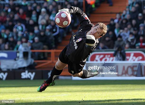 Jens Lehmann of Stuttgart is seen in action during the Bundesliga match between Werder Bremen and VfB Stuttgart at Weser Stadium on March 6, 2010 in...