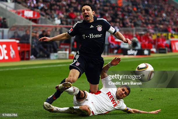 Mark van Bommel of Muenchen is challenged by Youssef Mohamad of Koeln during the Bundesliga match between 1. FC Koeln and FC Bayern Muenchen at...