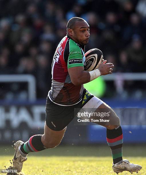 Jordan Turner-Hall of Harlequins in action during the Guinness Premiership match between Harlequins and Worcester Warriors at The Stoop on March 6,...
