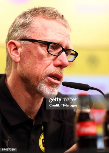 Head coach Peter Stoeger of Dortmund attends the press conference after the Bundesliga match between Borussia Dortmund and VfB Stuttgart at Signal...