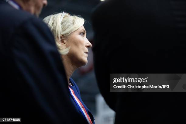 French Member of Parliament and president of the French far-right Rassemblement National party Marine Le Pen visits at the Eurosatory 2018 Show, on...
