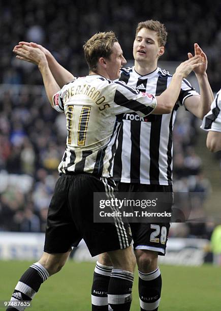 Peter Lovenkrands of Newcastle United celebrates after scoring the second goal during the Coca-Cola championship match between Newcastle United and...