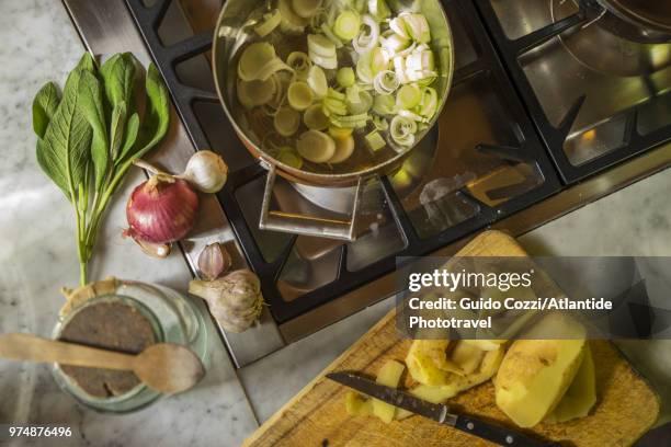 preparing "vellutata di porri", cream of leek soup - poireau photos et images de collection