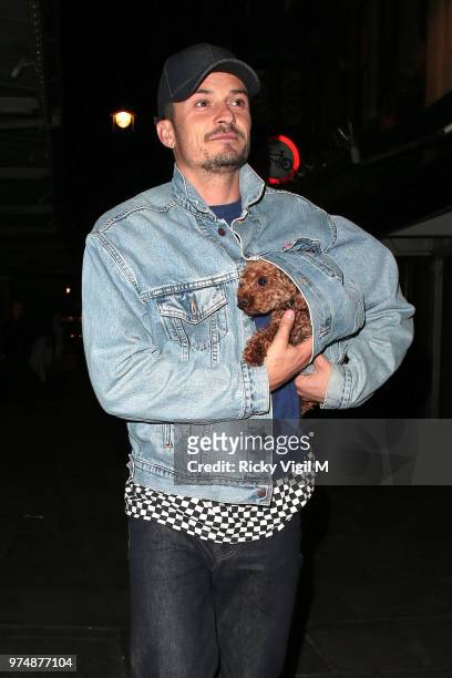 Orlando Bloom seen on a night out at J Sheekey restaurant after his performance in 'Killer Joe' on June 12, 2018 in London, England.