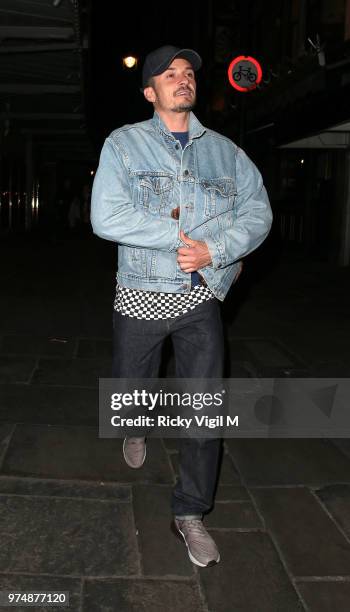 Orlando Bloom seen on a night out at J Sheekey restaurant after his performance in 'Killer Joe' on June 12, 2018 in London, England.