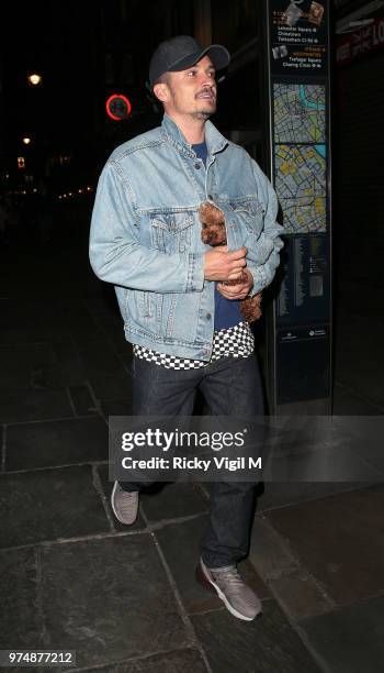 Orlando Bloom seen on a night out at J Sheekey restaurant after his performance in 'Killer Joe' on June 12, 2018 in London, England.