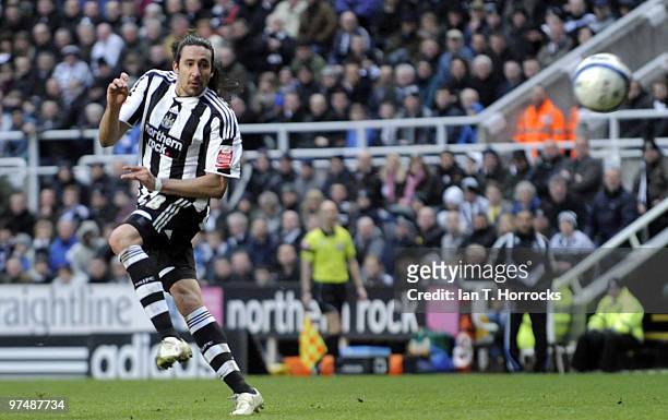 Jonas Gutierrez of Newcastle United scores the fourth goal during the Coca-Cola championship match between Newcastle United and Barnsley at St James'...