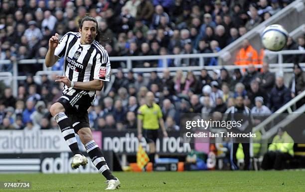 Jonas Gutierrez of Newcastle United scores the fourth goal during the Coca-Cola championship match between Newcastle United and Barnsley at St James'...