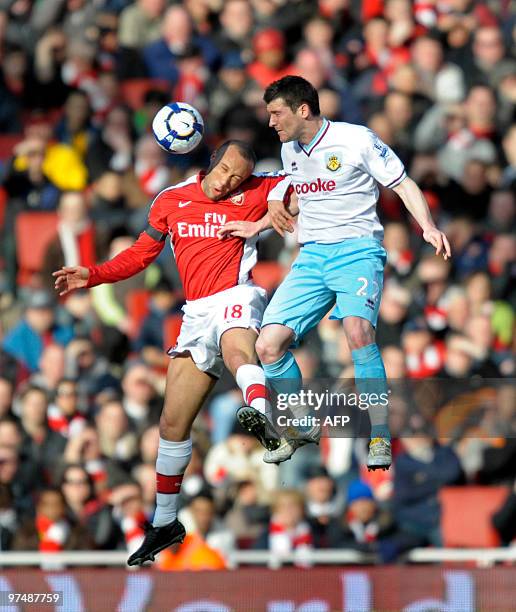 Arsenal's French defender Mikael Silvestre vies with Burnley's English striker David Nugent during the English Premier League football match between...