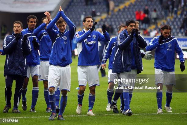 Ibraimi Besart, Joel Matip, Benedikt Hoewedes, Kevin Kuranyi, Carlos Zambrano and Edu celebrates the 4:1 victory after the Bundesliga match between...