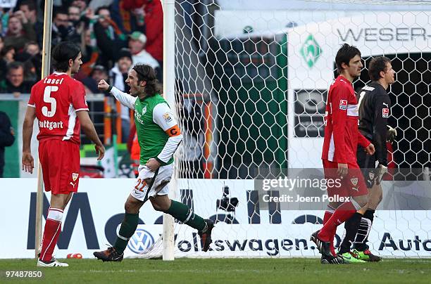 Torsten Frings of Bremen celebrates after scoring his team's second goal during the Bundesliga match between Werder Bremen and VfB Stuttgart at Weser...