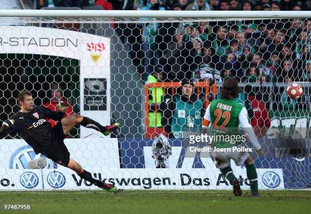Torsten Frings of Bremen scores his team's second goal during the Bundesliga match between Werder Bremen and VfB Stuttgart at Weser Stadium on March...
