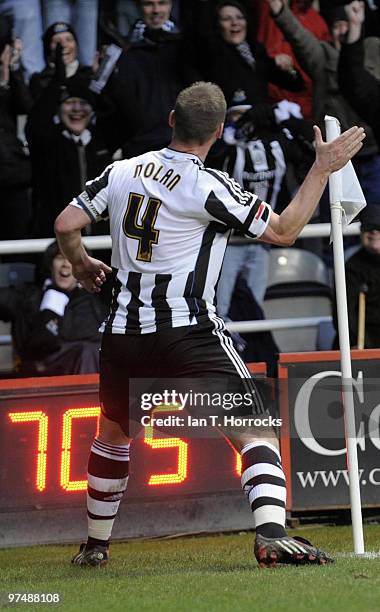 Kevin Nolan celebrates after rounding stand in keeper David Preece to score the sixth goal during the Coca-Cola championship match between Newcastle...