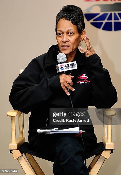 Sybil Scott, daughter of NASCAR legend Wendell Scott, speaks about her father during a press conference at Atlanta Motor Speedway on March 6, 2010 in...