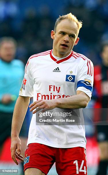 David Jarolim of Hamburg reacts during the Bundesliga match between Hamburger SV and Hertha BSC Berlin at HSH Nordbank Arena on March 6, 2010 in...