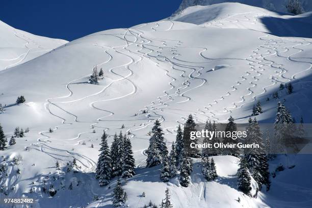 ski tracks on snow-covered slopes, french alps, la clusaz, haute-savoie, rhones-ales, france - la clusaz stock pictures, royalty-free photos & images