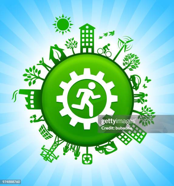 stockillustraties, clipart, cartoons en iconen met stok figuur de achtergrond van de groene knop van de omgeving van de loopwerk on blue sky - stick plant part