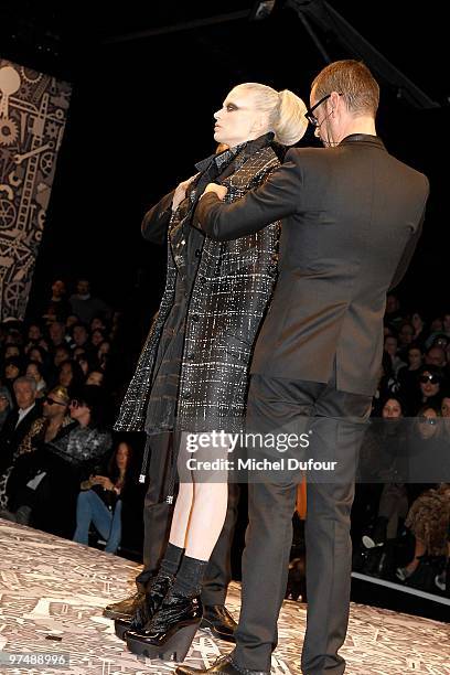 Kristen McMenamy, Viktor & Rolf and a model walk the runway during the Viktor & Rolf Ready to Wear show as part of the Paris Womenswear Fashion Week...