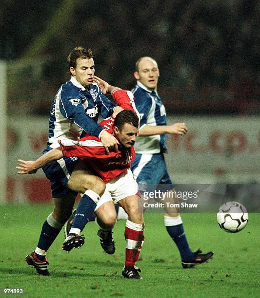 Graham Stuart of Charlton tussles with Niclas Alexandersson of Everton during the Charlton Athletic v Everton FA Carling Premiership match at the...