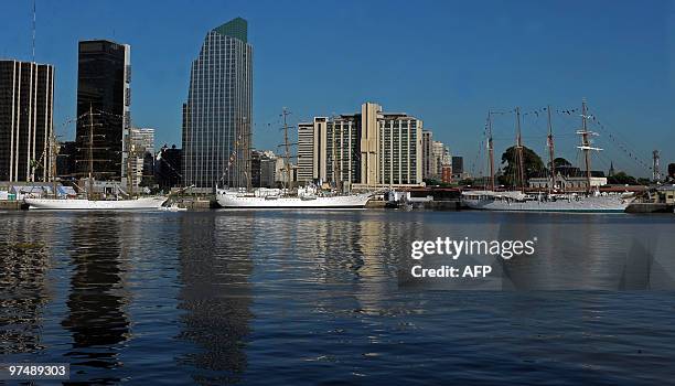 Brazilian sailing ship"Cisne Branco", Argentinian "Libertad" and Chilean "Esmeralda", moored in the port of Buenos Aires during the regatta of Tall...